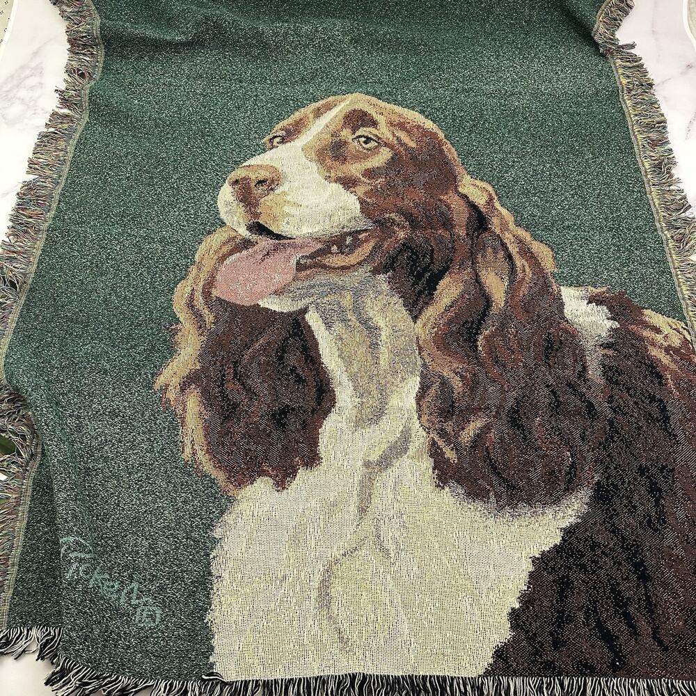 Linda Picken Vintage Y2k Dog Tapestry Throw Blanket Springer Spaniel Green Brown